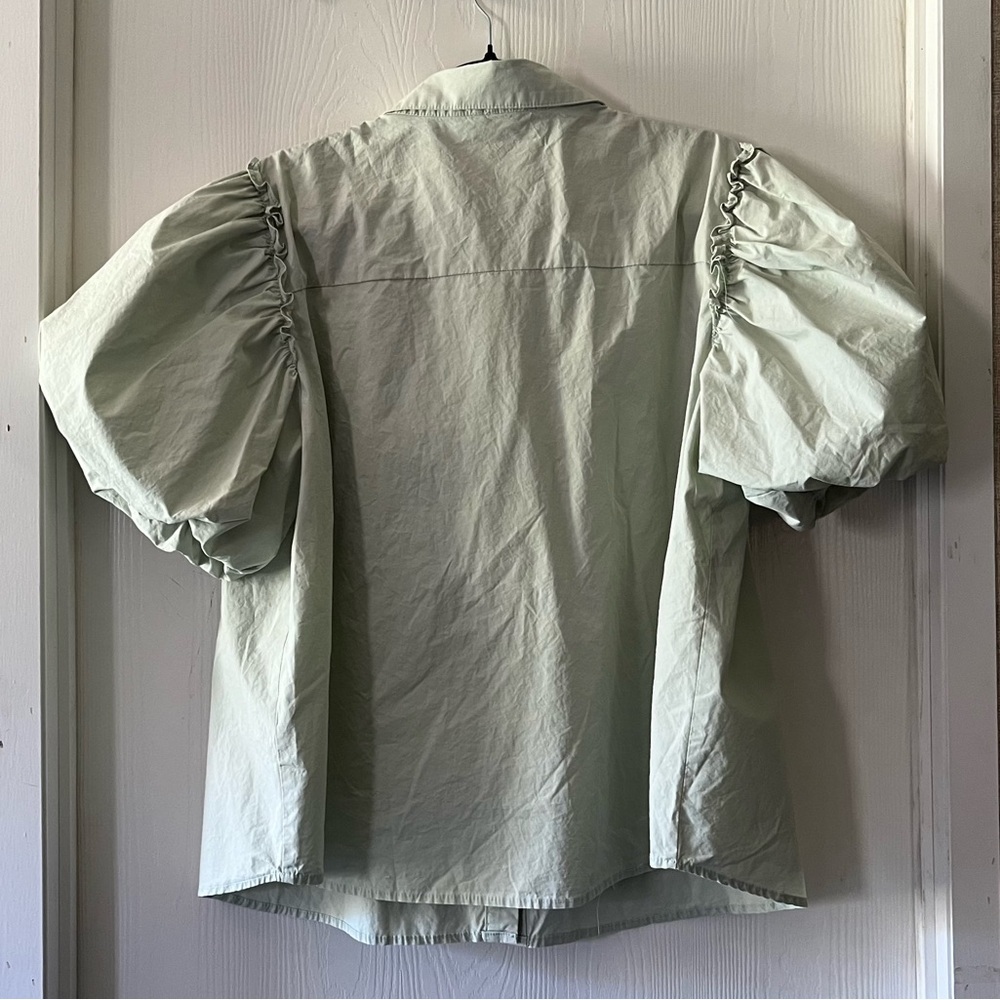 POL Mint Poplin Pearl Puff Short Sleeve Button Down Blouse - Picture 6 of 10